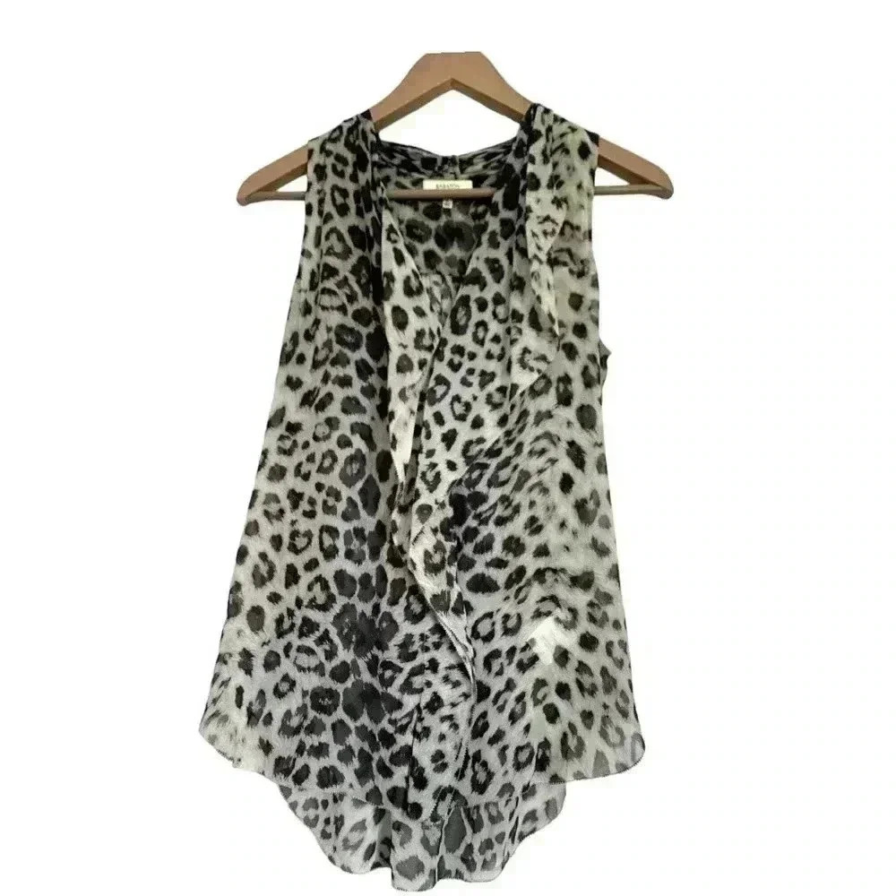 Babaton 100% silk office blouse, animal print top with front ruffles